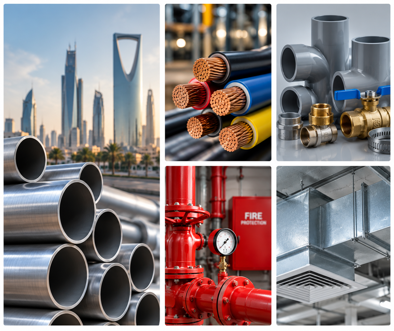 MEP products: pipes, cables, fittings, valves, fire protection and ducting